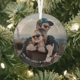 Personalized Simple stylish Cute couple photo Xmas Glass Tree Decoration