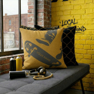 Personalized Skateboard Jump – Black And Gold Cushion