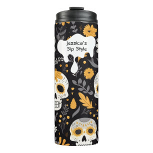 Personalized Skull Yellow Black Floral Modern Chic Thermal Tumbler