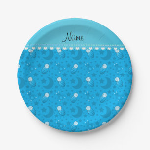 Personalized sky blue baby teddy bear stars moons paper plate