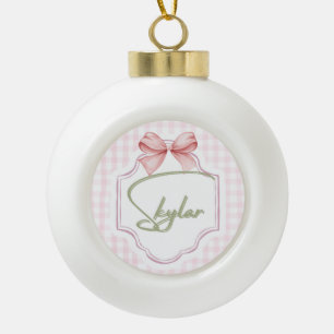 Personalized Skylar Baby Girl Nursery Bow&Gingham Ceramic Ball Christmas Ornament