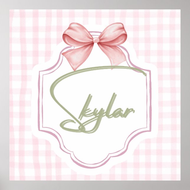 Personalized Skylar Baby Girl Nursery Bow&Gingham Poster (Front)