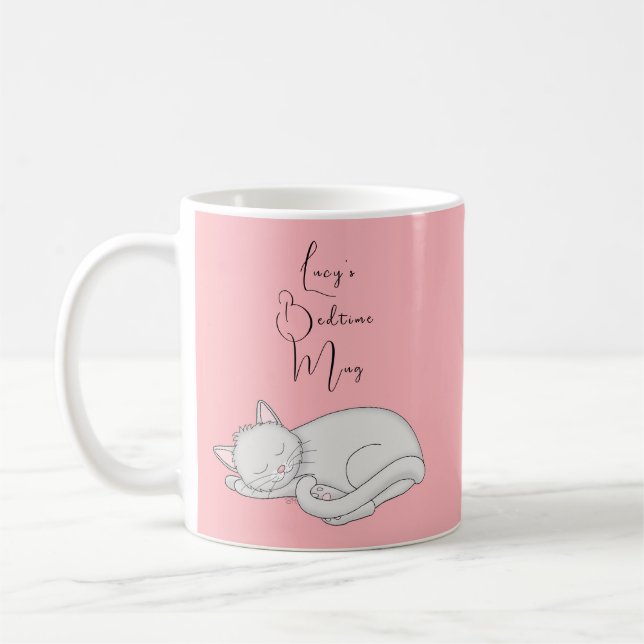 Personalized Sleeping Cat Bedtime Mug on Pink (Left)