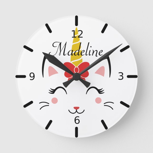 Personalized Smiling Caticorn With Bow Round Clock (Front)