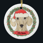 Personalized Smooth Cream Dachshund Ceramic Ornament<br><div class="desc">Make the nice list this year with a personalized Christmas ornament of your sweet smooth cream dachshund santa elf! For the sweetest gifts,  pair it with a matching art print or another item from my collection!</div>