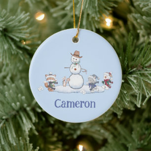 Personalized Snowball Fight Winter Animals Snowman Ceramic Ornament