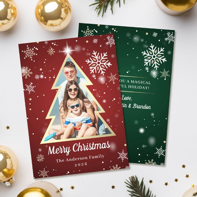Personalized Snowflakes Gold Christmas Tree Photo Holiday Card (Creator Uploaded)