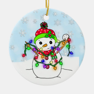 Personalized Snowman with Christmas Lights Ceramic Ornament