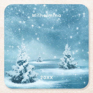 Personalized Snowy Winter Blues Square Paper Coaster