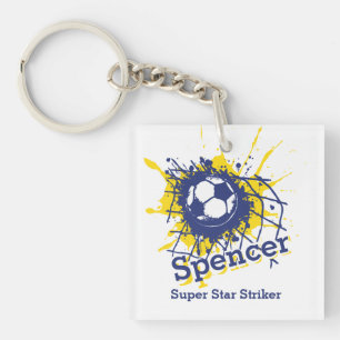 Personalized soccer defensive boy blue team key ring