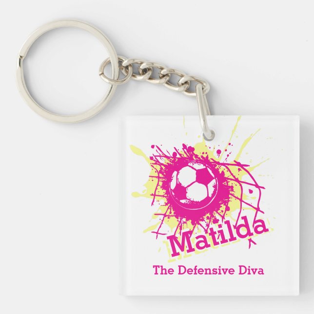 Personalized soccer defensive girls pink team key ring (Front)