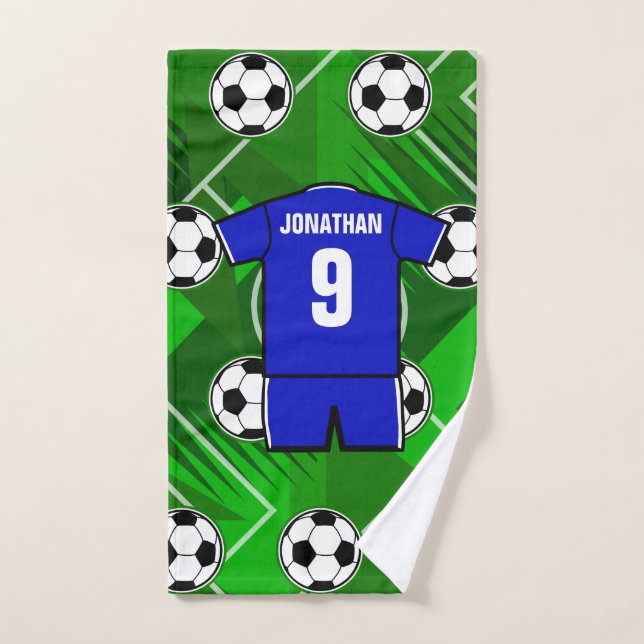 Personalized Soccer Jersey Blue with White Bath Towel Set (Hand Towel)