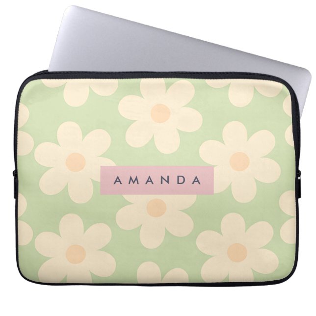 Personalized Soft Mint Green Retro Daisy Flower Laptop Sleeve (Front)