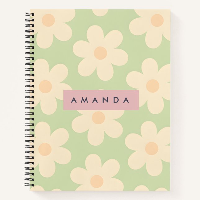 Personalized Soft Mint Green Retro Daisy Flower Notebook (Front)