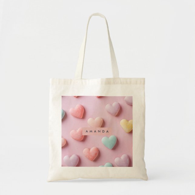 Personalized Soft Pastel Candy Heart Tote Bag (Front)