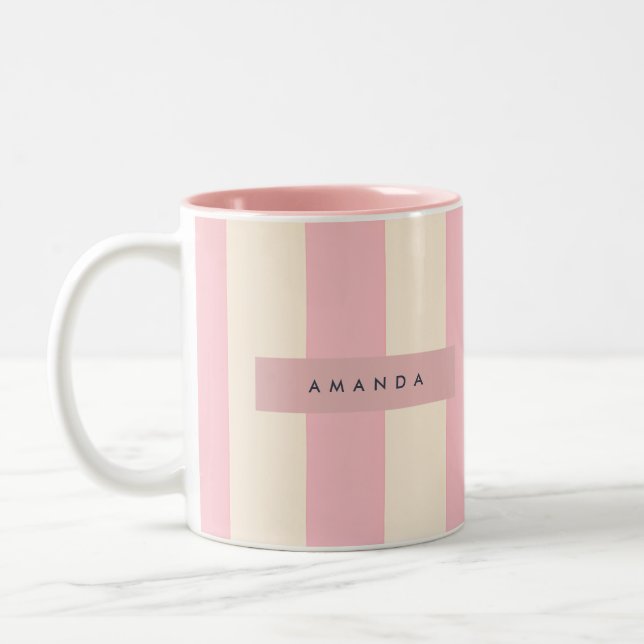 Personalized Soft Pink and Cream Stripe Two-Tone Coffee Mug (Left)