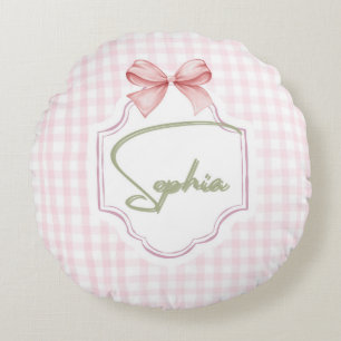 Personalized Sophia Baby Girl Nursery Bow&Gingham Round Cushion