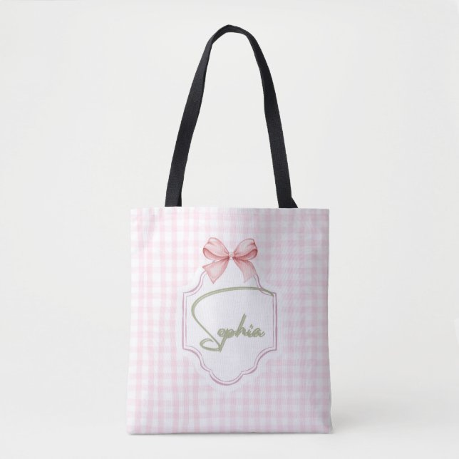 Personalized Sophia Baby Girl Nursery Bow&Gingham  Tote Bag (Front)