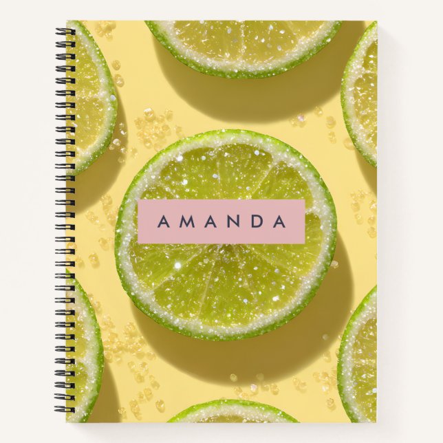 Personalized Sparkle Lime Slice Glitter Citrus  Notebook (Front)