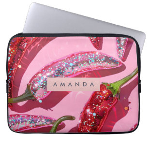 Personalized Sparkling Hot Pink Glitter Chili Laptop Sleeve