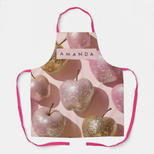 Personalized Sparkling Pink and Gold Apple Pop Art Apron