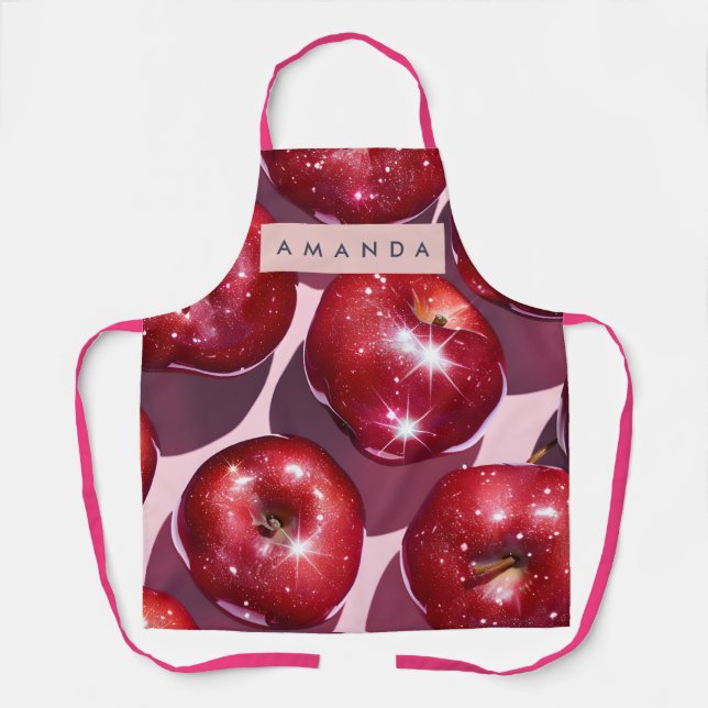 Personalized Sparkling Red Apple Pink Background Apron (Front)