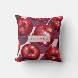 Personalized Sparkling Red Apple Pink Background Cushion