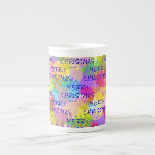 PERSONALIZED SPARKLY COLOURED MERRY CHRISTMAS BONE CHINA MUG