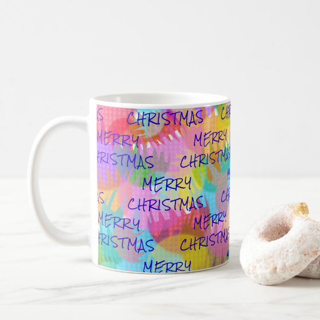PERSONALIZED SPARKLY COLOURED MERRY CHRISTMAS COFFEE MUG (With Donut)
