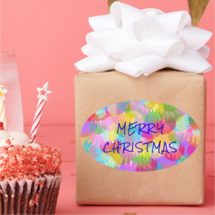 PERSONALIZED SPARKLY COLOURED MERRY CHRISTMAS OVAL STICKER