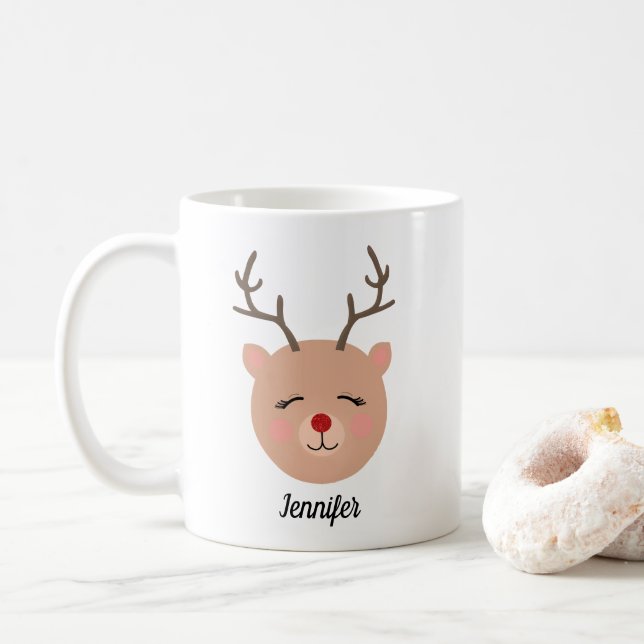 Personalized Sparkly Red-Nosed Reindeer Mug (With Donut)