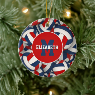 personalized sports red white blue volleyball ceramic ornament