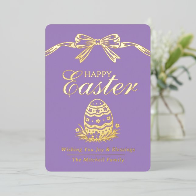 Personalized Spring Easter Egg Gold Bow Foil Holiday Card (Standing Front)