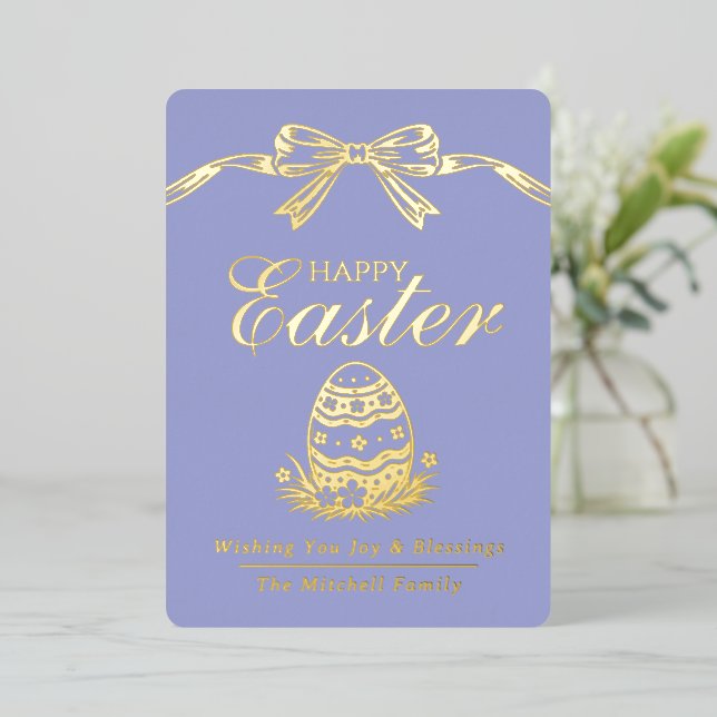 Personalized Spring Easter Egg Gold Bow Foil Holiday Card (Standing Front)