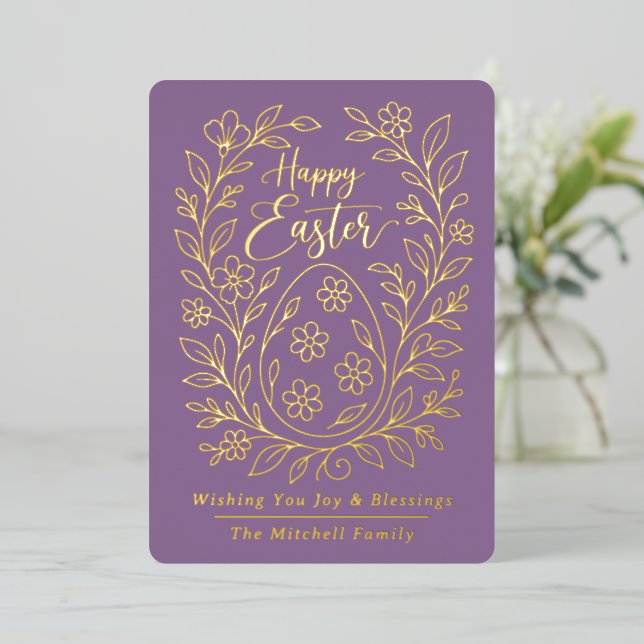 Personalized Spring Easter Egg Gold Floral Foil Holiday Card (Standing Front)