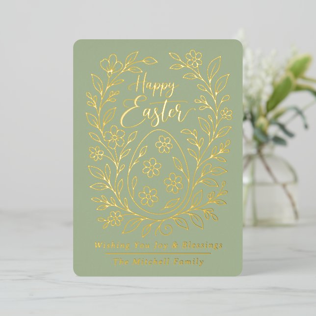 Personalized Spring Easter Egg Gold Floral Foil Holiday Card (Standing Front)
