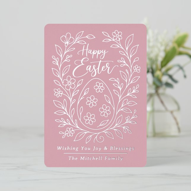 Personalized Spring Easter Egg Silver Floral Foil Foil Holiday Card (Standing Front)