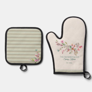 Personalized Spring Floral Watercolor Botanical Oven Mitt & Pot Holder Set