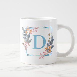 Personalized Square Flower Border Monogram Large Coffee Mug