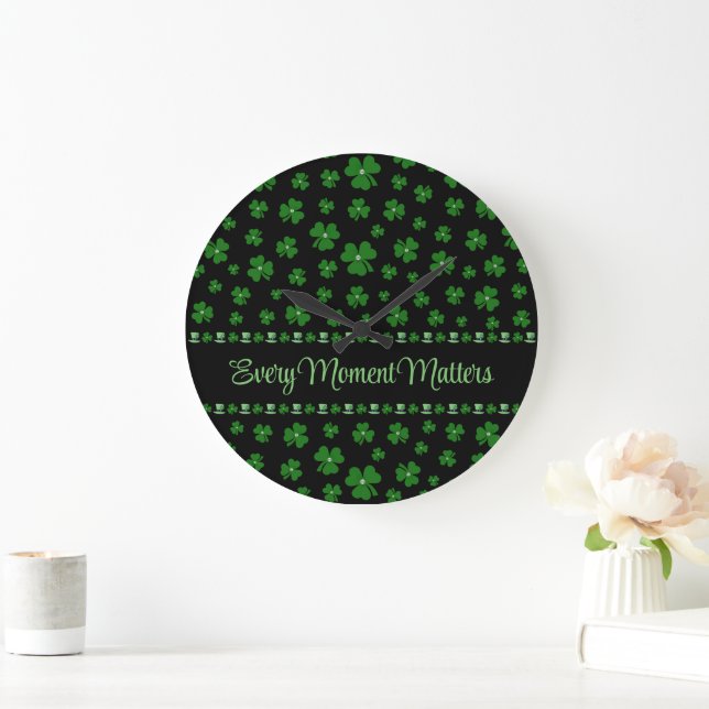 Personalized St. Patrick’s Day Shamrock on Black Large Clock (Home)