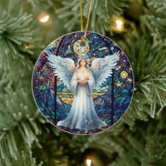 Personalized Stained Glass Look Guardian Angel Ceramic Ornament