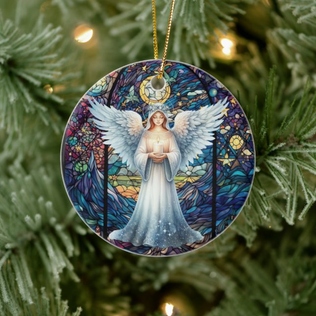 Personalized Stained Glass Look Guardian Angel Ceramic Ornament (Tree)