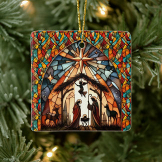 Personalized Stained Glass Nativity Scene Christma Ceramic Ornament