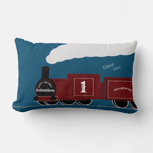 Personalized steam train birthday lumbar cushion (Front)