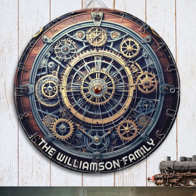 Personalized Steampunk Aesthetic Gears Family Name Dartboard (A personalized Steampunk dart board, with design of cogs and gears with a retro industrial effect)