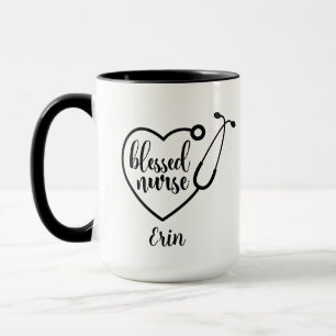 Personalized Stethoscope Blessed Nurse Black White Mug
