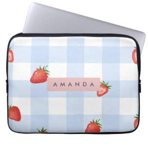 Personalized Strawberry & Blue Gingham Pattern Laptop Sleeve