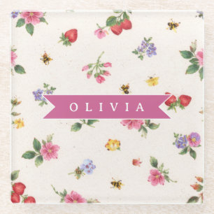 Personalized Strawberry Garden Bee Cottagecore Glass Coaster