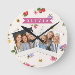 Personalized Strawberry Garden Bee Cottagecore Round Clock