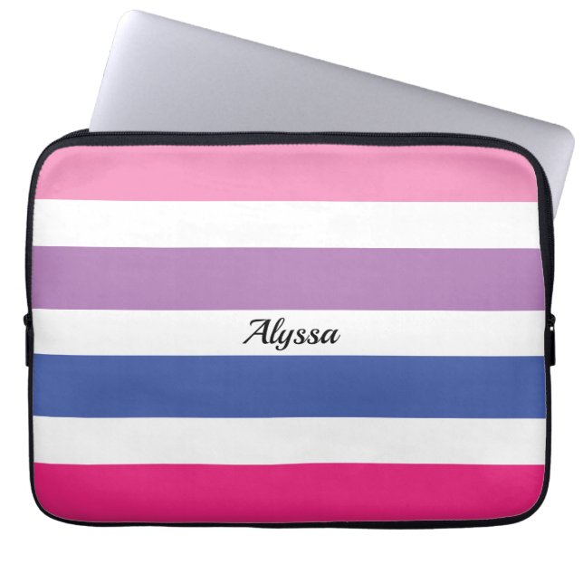 Personalized Striped Pink Purple Blue Laptop Sleeve (Front)